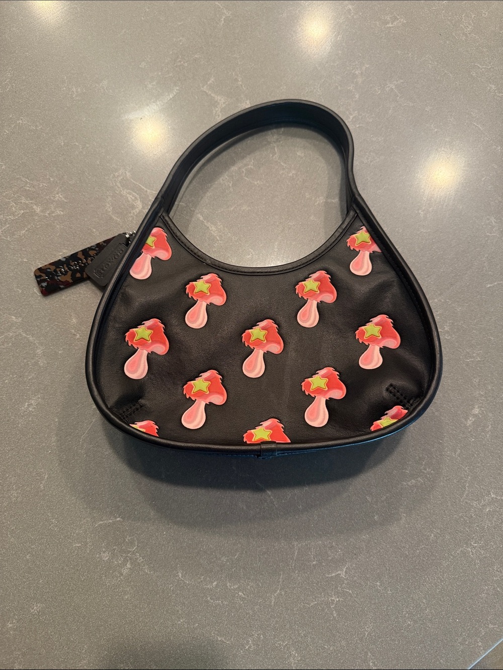 Black Mini Shoulder Bag with Pink Mushroom Print